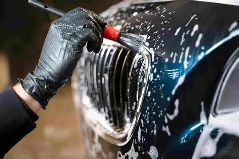 Detail brush cleaning soap into a car's front grille